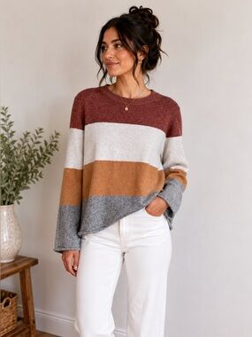 NWT Pinque Gina Colorblock Stripe Crewneck Sweater Rust Stone Combo Size XL